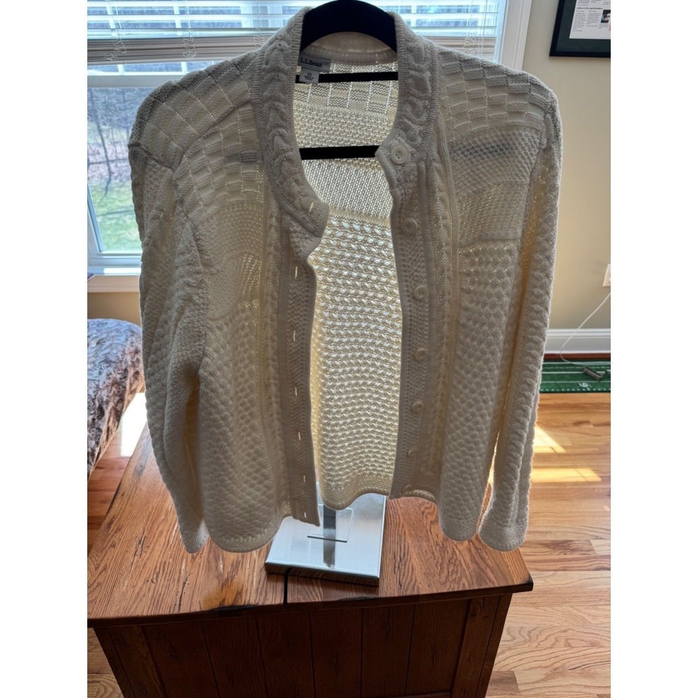 L.L. Bean Cream Cable-Knit Button Cardigan